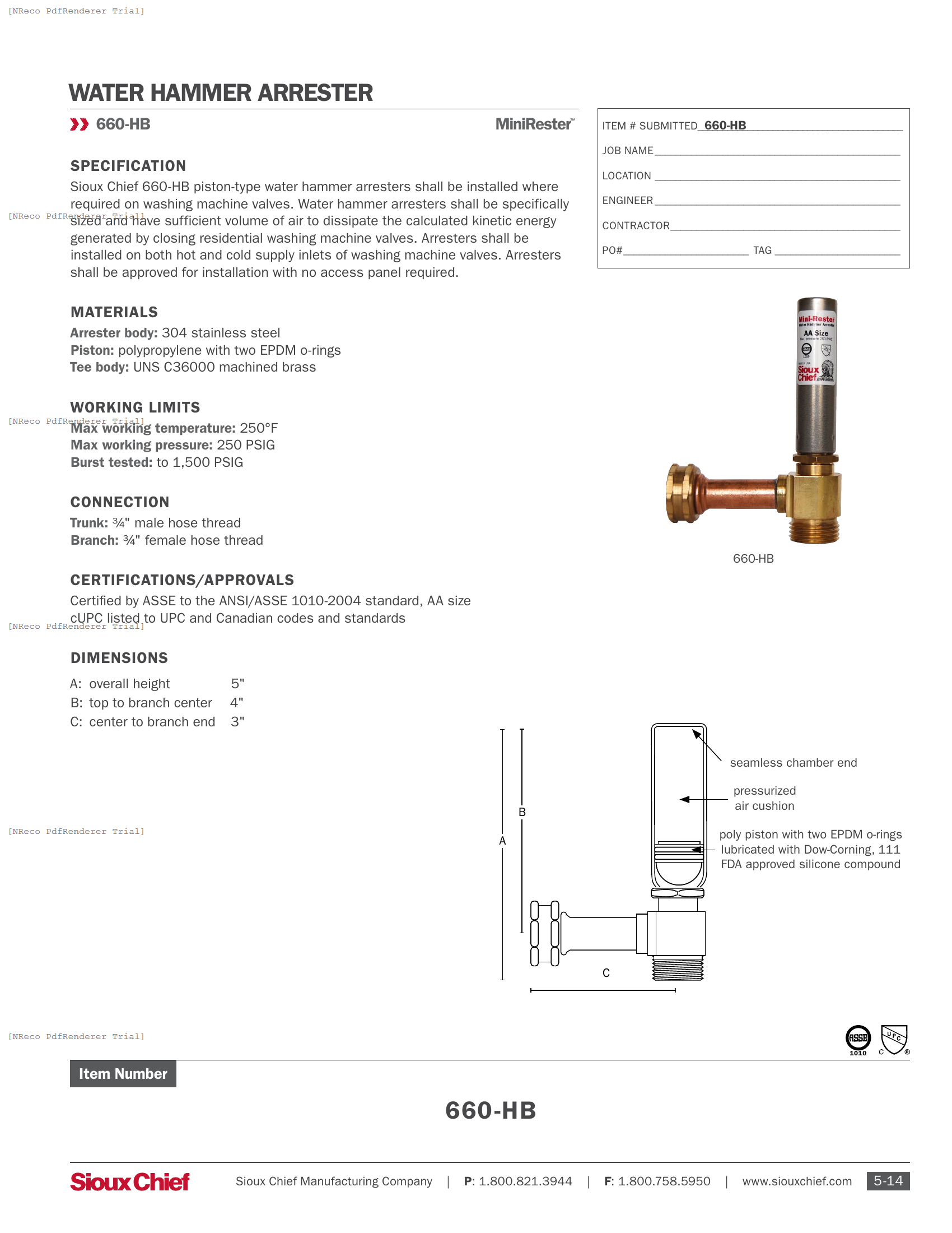 660-HB - MINIRESTER WATER HAMMER ARRESTER - SPEC SHEET.PDF Specification Document